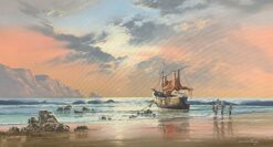 Signed Oil Beach Scene Moored Fishing Boats Crashing Waves Sunset Coastline