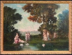 Antique French Oil Classical Figures in a Romantic Woodland Landscape & Swans