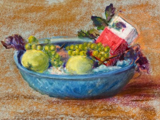 Mid 1900-1999 French Pastel Still Life of Fruit in a Blue Bowl