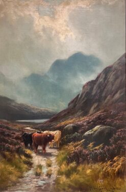 Antique Scottish Oil Painting Highland Path with Cattle Atmospheric Landscape