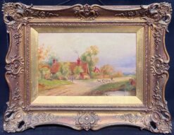 Antique English Signed Oil Painting Shepherd Leading Sheep Village Country Lane