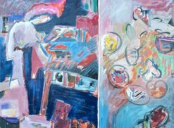 French 1900-1999 Dual Bright Abstract Kitchen Scene Large Painting