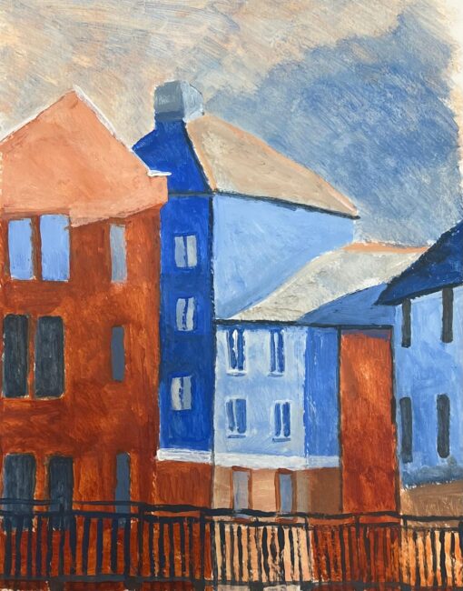 Modernist Cityscape in Bold Blue and Red Geometric Urban Architecture