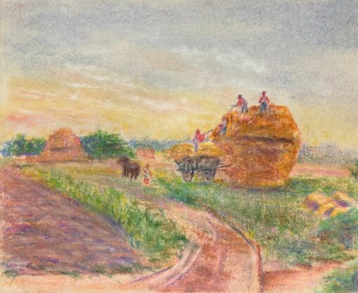 Mid 1900-1999 Harvest In Summer Rural Pastel Scene of Farmers at Work