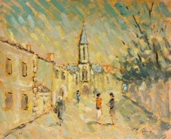 French Impressionist Figures Gossiping in Sunlit Village Street Oil Painting