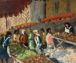 French Impressionist Figures Bustling Through the Fruit & Vegetable Market