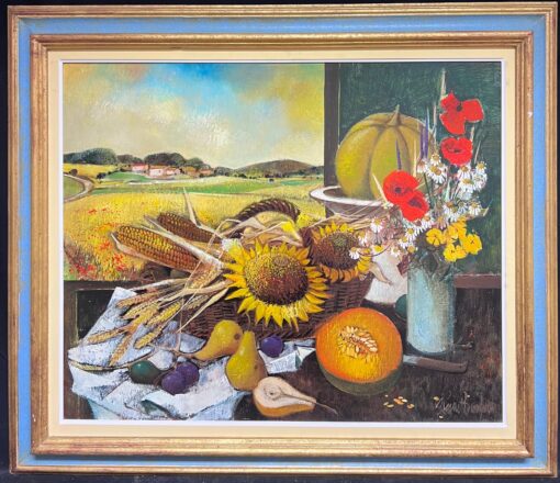 Large French Modernist Signed Oil Painting Harvest Fruits & Flowers in Provence