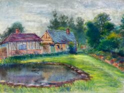 Mid 1900-1999 French Bright Pastel Scene of Cottages by a Pond