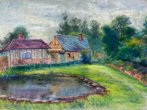 Mid 1900-1999 French Bright Pastel Scene of Cottages by a Pond