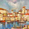 1970's French Mediterranean Harbor Scene Vibrant Coastal Village Boats Figures