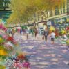1930-1970 Purple Tracked Parisian Boulevard Scene with Flower Stalls