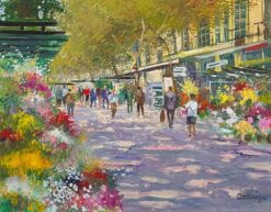 1930-1970 Purple Tracked Parisian Boulevard Scene with Flower Stalls