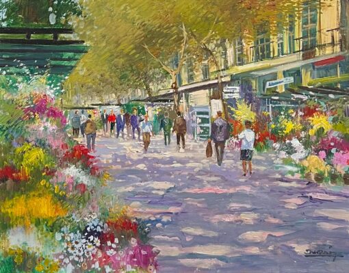 1930-1970 Purple Tracked Parisian Boulevard Scene with Flower Stalls