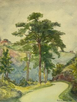 Watercolor Landscape of a Winding Country Road Haute-Loire Region of France