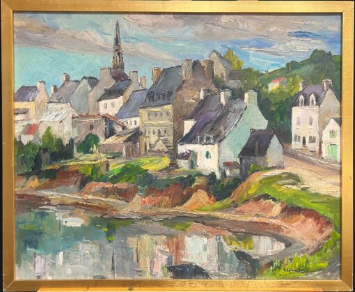 Charming Village by the Water Vibrant Landscape Vintage French Oil Painting