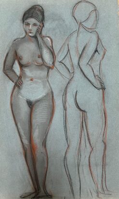 1960's Original French Pastel Sketch Nude Standing Female Dual Pose Study