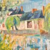 Riverside Cottages Large French Impressionist Oil Painting of a Waterscape