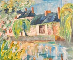 Riverside Cottages Large French Impressionist Oil Painting of a Waterscape
