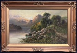 Summers Evening in the Scottish Highlands Antique Oil Painting Sunset Loch View