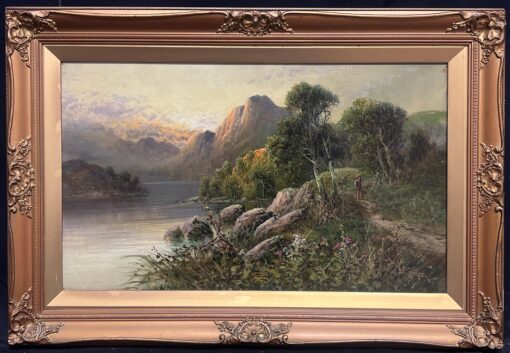 Summers Evening in the Scottish Highlands Antique Oil Painting Sunset Loch View