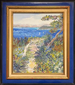 Villefranche France Mediterranean Coastal View Rocky Path Bright Blue Frame