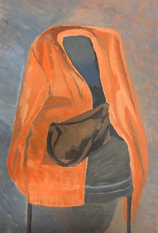 Chair Draped in Orange Cloth with a Simple Brown Bag