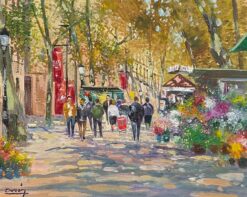 1930-1970 Autumnal Parisian Street Scene with Flower Stalls Signed Oil