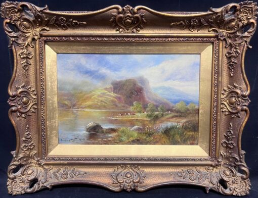 Antique Scottish Oil Highlands Loch Scene Cattle under Summer Clouds Landscape