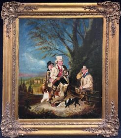 1800-1899 English Sporting Art Oil Painting Gentlemen & Loyal Hunting Dogs