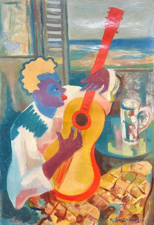 Vibrant Cubist Portrait of a Musician with Guitar Mid 1900-1999 Painting