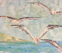 Large 1970's French Post-Impressionist Oil Painting Seagulls Flying in Air