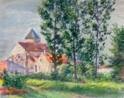 Mid 1900-1999 French Pastel Landscape of a Village Church Among Trees