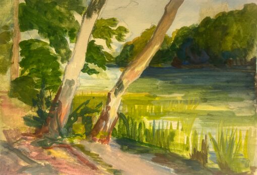 Lakeside Scene with Trees and Reeds Lush Watercolor Landscape