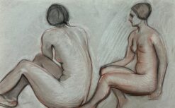 1960's Original French Pastel Sketch Dual Seated Nude Models