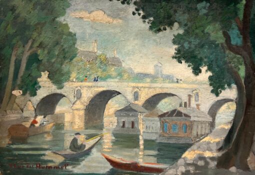 Mid 20th-Century French Oil Riverside Scene with Figures Rowing and Stone Bridge