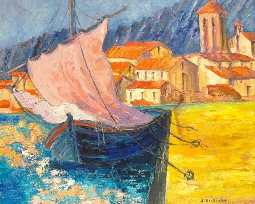 Vibrant French Harbor Scene Impressionist Oil Painting Sailboat Coastal Village