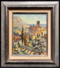 Vintage Mediterranean Hill Village Impressionist Oil Painting Provence Landscape