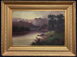 Antique Scottish Highlands Oil Painting Golden Hour Majestic Highland Loch Scene