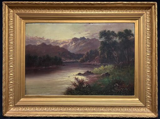 Antique Scottish Highlands Oil Painting Golden Hour Majestic Highland Loch Scene