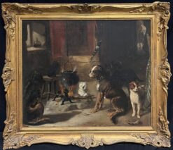Antique 19th-Century Oil Painting Dogs by the Fire Rustic Cottage Interior