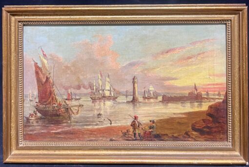 English Victorian Fishing Harbour Sunset Maritime Scene Signed Oil Painting
