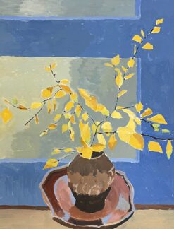 Yellow Leaves in Earthen Vase Contemporary British Modernist Still Life Oil