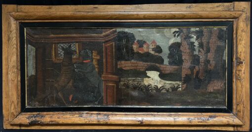 Huge 1700 - 1799 French Oil Painting Dogs Fighting Medieval Castle Wooden Frame