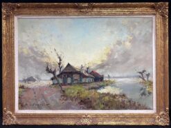 Huge Belgian Impressionist Signed Oil Painting Windswept River Cottage Landscape