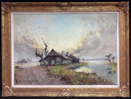Huge Belgian Impressionist Signed Oil Painting Windswept River Cottage Landscape