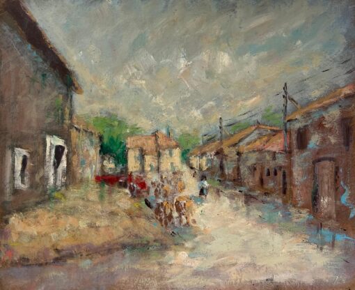 French Impressionist Sun Dappled Village Street Scene with Farmers & Livestock