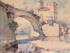 Pont Saint-Bénézet Avignon French Architectural Antique Watercolor Landscape
