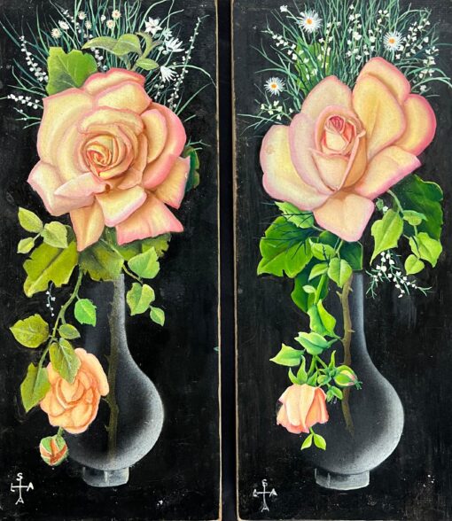 Pair Mid 1900-1999 French Still Life Painting Ornate Flowers in Glass Vase