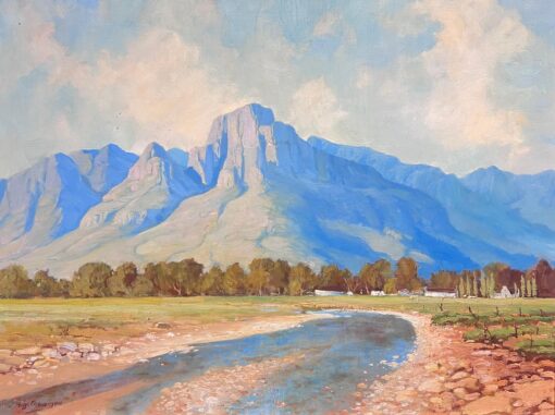 Mid 1900-1999 South African River Landscape Oil Painting Dramatic Mountains
