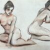 1960's Original French Pastel Sketch Expressive Dual Seated Nude Models